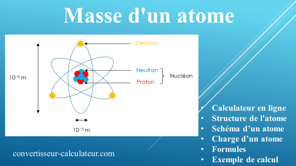 La masse d'un atome : Calcul en ligne, structure de l'atome, Schéma d’un atome, Charge d’un atome, Formule et exemple de calcul