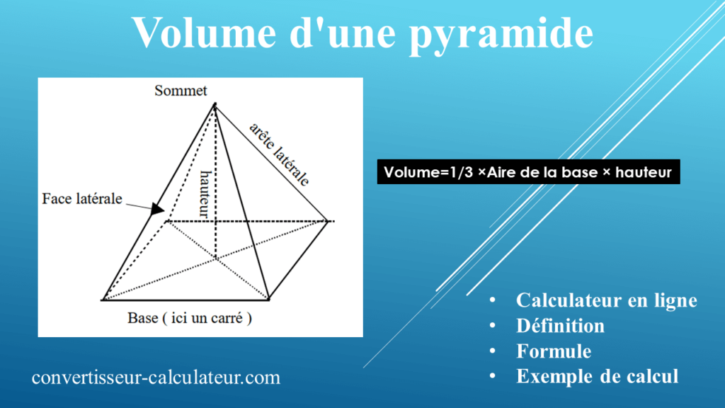 Volume d'une pyramide : Calculateur en ligne, définitions, formule et  exemples de calcul
